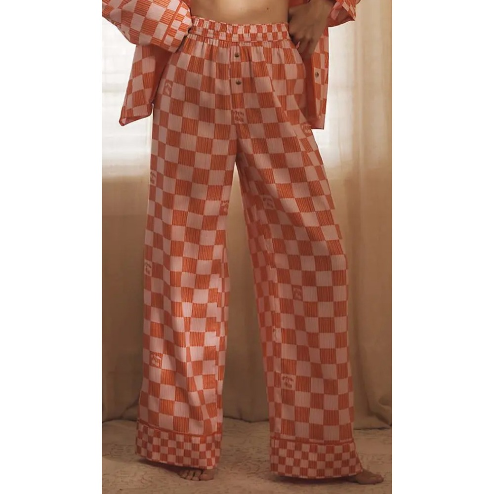 Lin Lee Anthropologie Pajama Pants Women M Orange Pink Checkered Wide Leg
